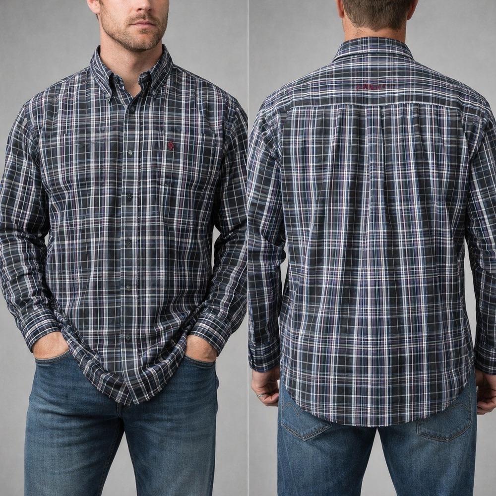 Ariat Pro Series Mens Pro Racer Plaid Button Down Shirt Black Blue L 10033465